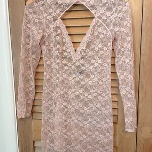 VICTORIA SECRET PINK LACE LONG SLEEVE PINK LINGERIE LOW BACK V NECK SEXY Size L